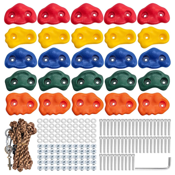 Set of 25 Climbing Holds for Kids Duueyct Indoor/Outdoor Use Various Block Sizes Easy Assembly Disassembly With Mounting Screws and Rope Durable Material Multicolor