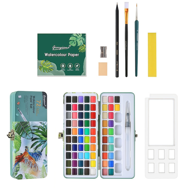 72-Color Watercolor Set 72-color watercolor paint set in a metal box with a water brush, 72 vibrant colors, pearlescent solid watercolor, concentrated pigment, brilliant colors, high transparency, eco-friendly materials, multi-use