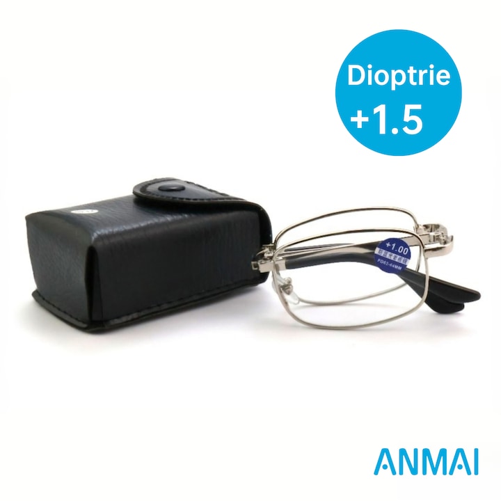 Ochelari de Vedere Pentru Citit  Anmai  Pliabili si Telescopici  Etui portabil  Dioptrie +1.5  model unisex Argintiu/Negru
