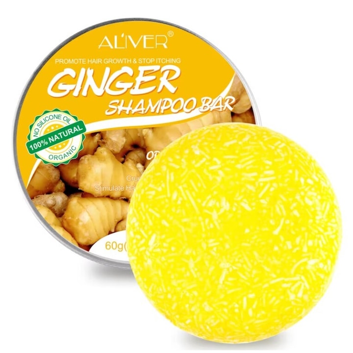 Sampon solid cu ghimbir  ALIVER  natural  organic  amelioreaza mancarimea  stimuleaza foliculul de par  hidrateaza  ajuta la cresterea parului  60g