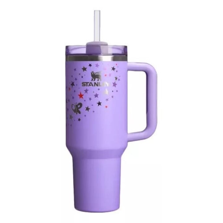 Termos Stanley  304 inox  capacitate 1200 ml  mov cu model de stele  capac special cu pai reutilizabil