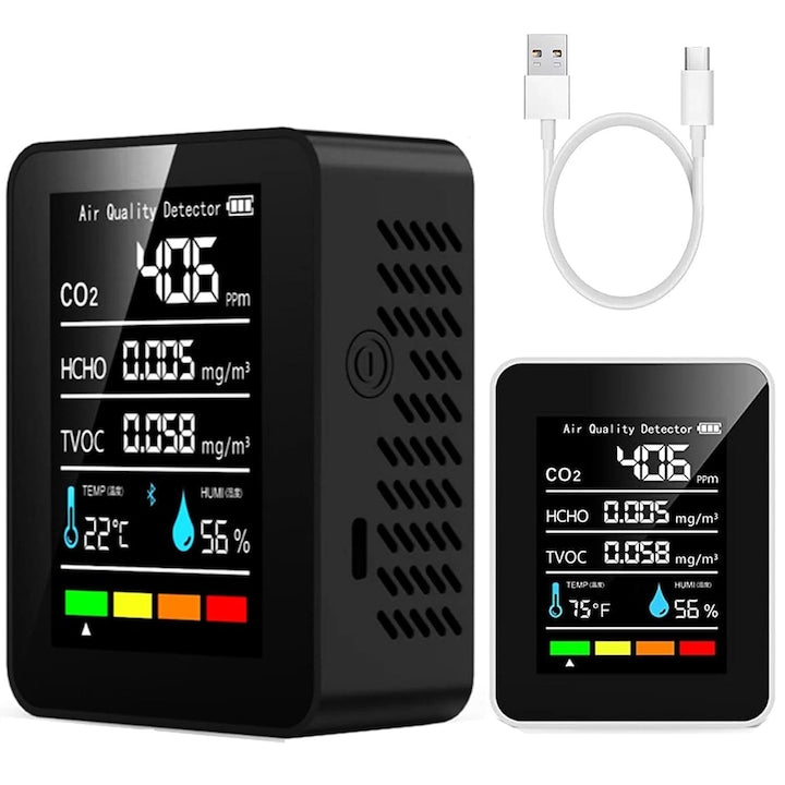 Portable 5-in-1 Air Quality Monitor, CO2 Carbon Dioxide Detector, TVOC Volatile Compounds, HCHO Formaldehyde, Temperature, Humidity, USB Rechargeable, Can be used for 15-20 hours, OUYLAF, Black