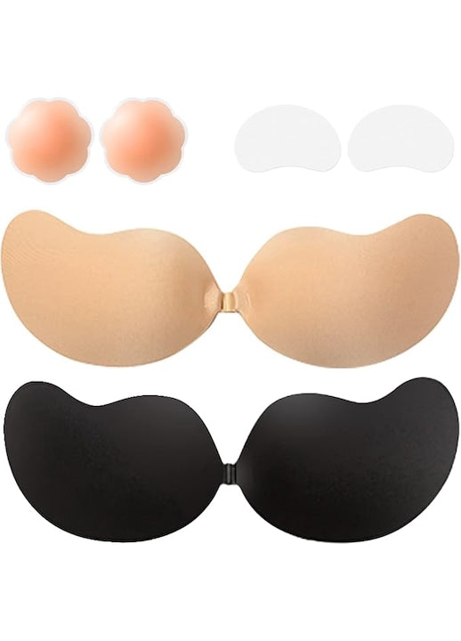 JENUOS - Set 2 Sutiene Adezive Push-Up  Silicon/Poliester  Cupa Negru/Bej  2 Perechi Plasturi pentru Mameloane Incluse  Negru/Bej