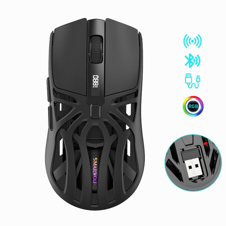 Mouse gaming wireless 2.4G/BT/USB  ergonomic  73±5g Design usor  10000DPI  6 taste  afisaj de alimentare  retroiluminat negru 120x65x40mm Consumabile de birou si jocuri