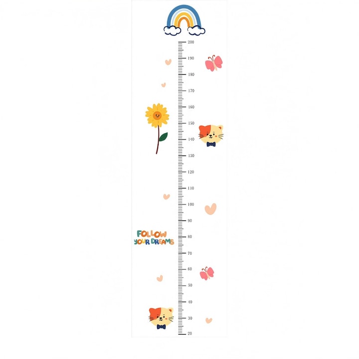 Sticker autocolant metru masurare inaltime copii  Curcubeu cu Animale si Floarea Soarelui  Rigla de Crestere 200cm  Autoadeziv PVC pentru Camera Copiilor