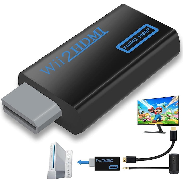 Adaptor Wii la HDMI  Full HD  Conversie digitala  480p  Cu mufa video si sunet audio Negru