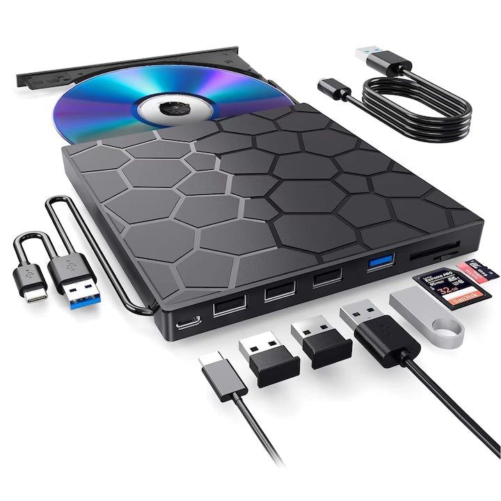 External optical drive DVD/CD USB 3.0 4 USB ports 2 TF/SD card readers ultra-slim design