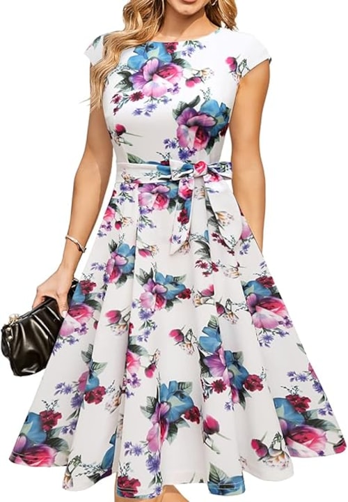 DRESSTELLS Women's A-Line Cocktail Dress - Swing Style Round Neck Cape Sleeves White Size M 12 installments with 0% interest
