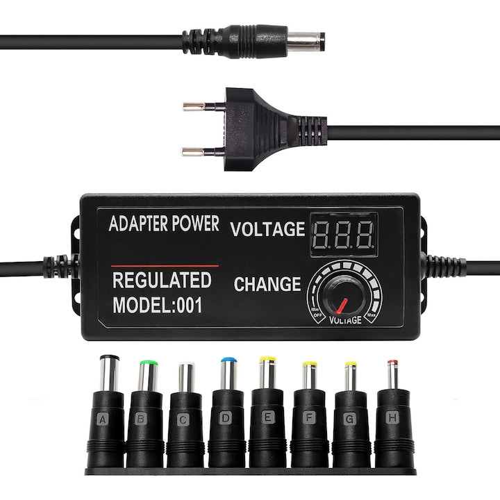 Alimentator Reglabil Universal 3-24V  Afisaj Digital de Voltaj si 8 Conectori  AC DC  OUYLAF  Negru