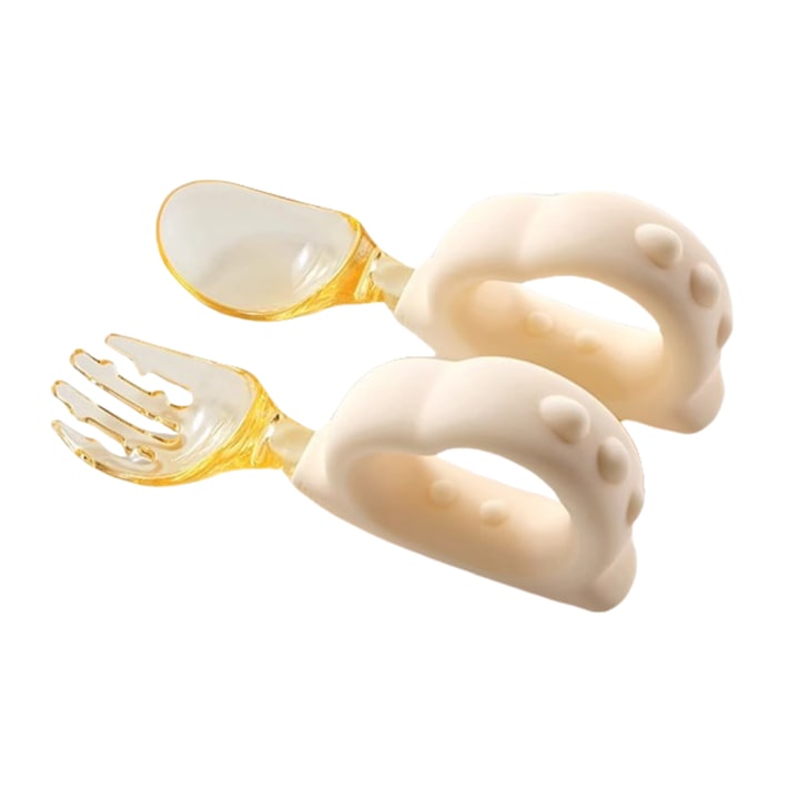 Set lingurita si furculita pentru bebelusi si copii  Fantasy  cu furculita si lingurita si cutie de depozitare  silicon  design ergonomic  3 luni+  sterilizare la temperaturi ridicate  non-alunecare  4.5x2x10.8cm  bej