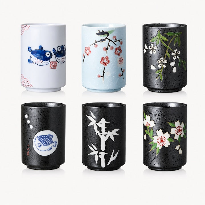 6 Japanese Ceramic Tea Cups 290 ml Hand-Painted Sakura Pattern Tea Cups - Handleless Japanese Style Cups for Tea, Coffee, Juice - Ideal for Home, Restaurant, and Gifts - White, Black, WALALLA