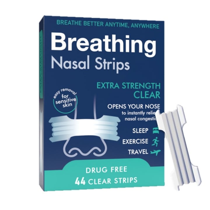 Plasturi nazale Extra Strength  44 bucati  Anti-congestie nazala instantanee  Pentru pielea sensibila  Transparente  Nu mai transpira.  Respirati usor cu alergii  raceli sau deviatii ale sinusurilor.  Branturi 1 Nas Acoperire