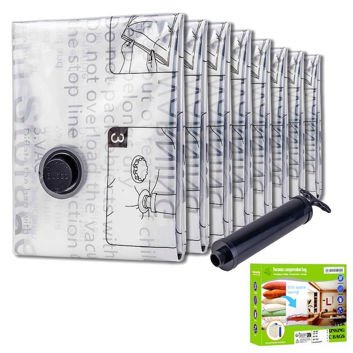 8-Pack Vacuum Storage Bags for Clothes with Pump, Wacorresi Reusable Convenient Storage and Space Saving, Size: 70x100cm, Transparent