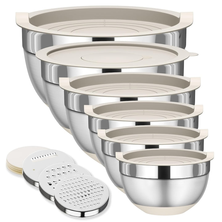 Set 6 boluri din inox cu capace baza din silicon antiderapanta  inchidere ermetica  depozitare compacta  3 razatoare incluse  16/18/20/22/24/30cm  cafea
