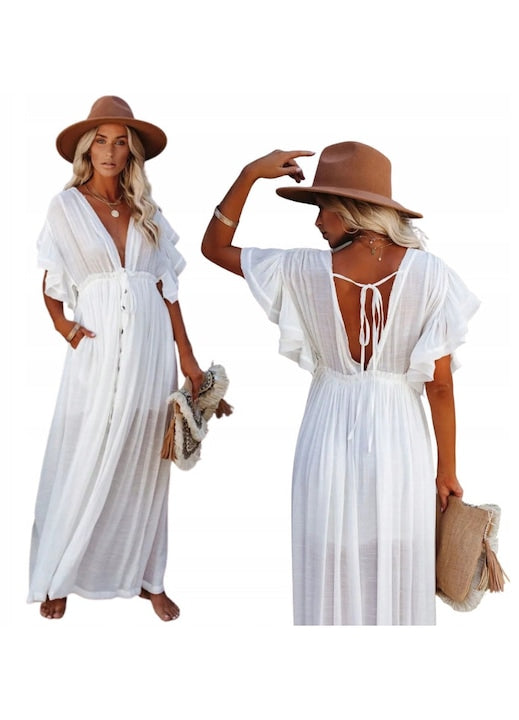 OEM - White boho long beach dress with deep V-neck and ruffles set 130x58cm 12 installments with 0% interest