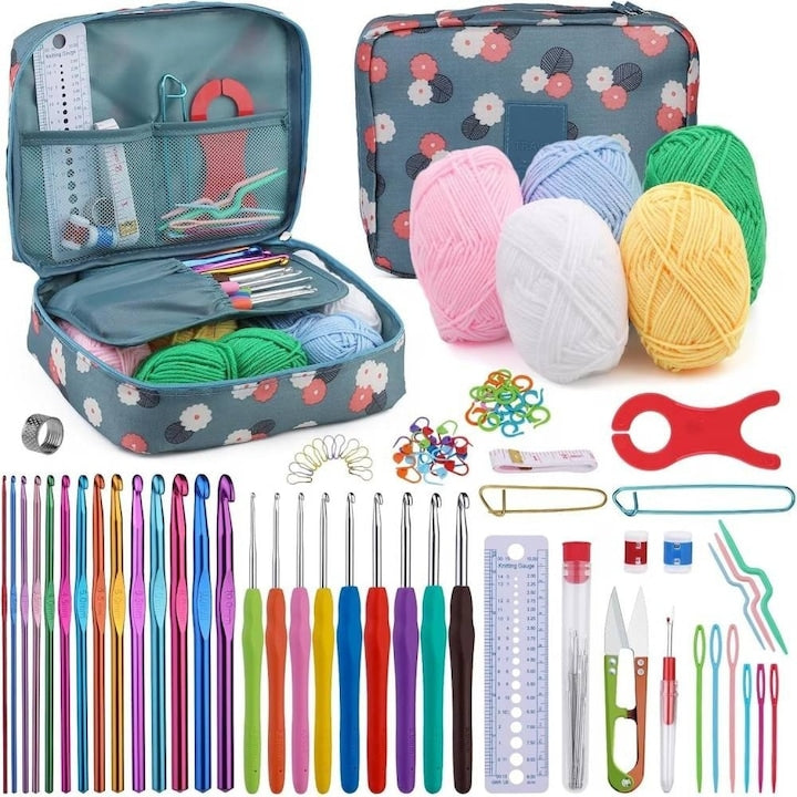 Crochet Kit, 107 Pieces Knitting Kit with Crochet Yarn, Crochet Hooks, Crochet Tools, Crochet and DIY for Beginners and Advanced, With Storage Bag, Easy to Carry, For Travel, Adults, Children, Beginners