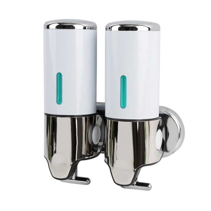Set 2 dozator gel de dus  sampon  sapun lichid  balsam sau balsam pentru baie  bucatarie  hotel  manual  ABS/inox  2 X 500ml  WALALLA  alb/argintiu