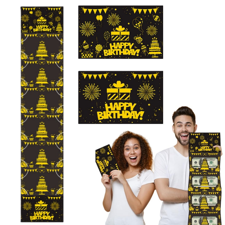 Set de 2 cadouri surpriza de ziua de nastere  Fantasy  Plic pliabil extensibil  Fiecare plic are sase sloturi pentru carduri  care pot contine sase bancnote  oferind o serie de surprize destinatarului atunci cand deschide cadoul  Negru si auriu nobil