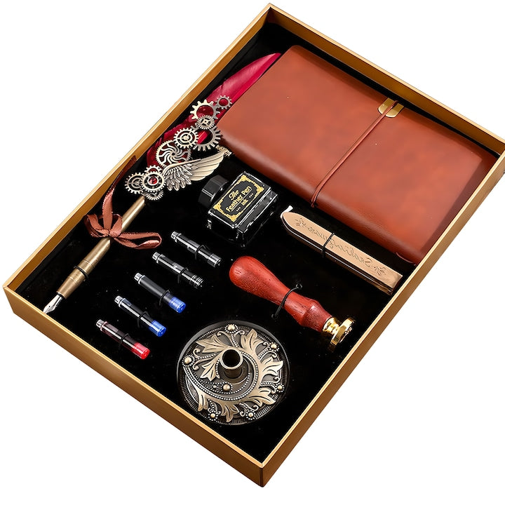Set stilou vintage cu pana  7 in 1 Set caligrafie cu pana de scris vintage  Suport  calimara  Rezerve cerneala 5 culori  Agenda piele  Ceara aurie pentru sigiliu si stampila  Rosu sangeriu