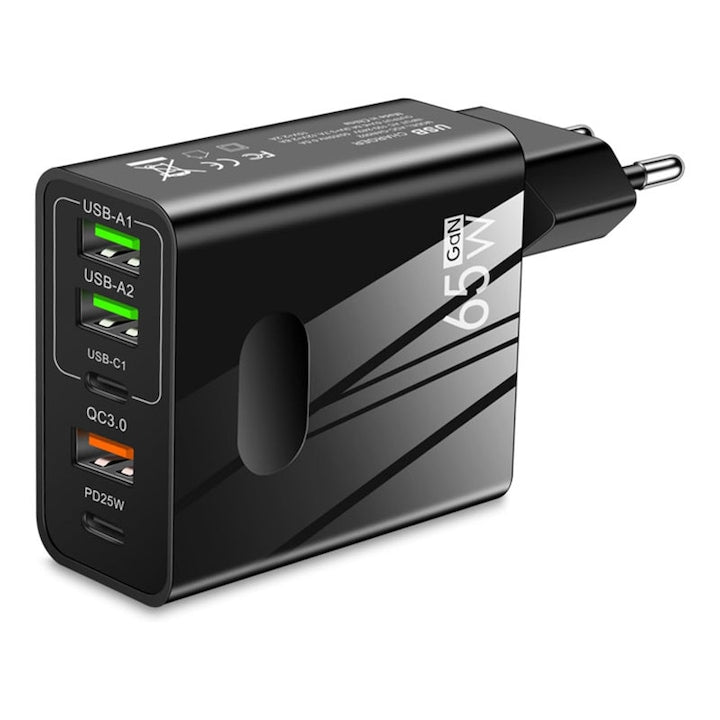 Incarcator Rqiurpn 65W 5 porturi USB-C si USB-A negru compact