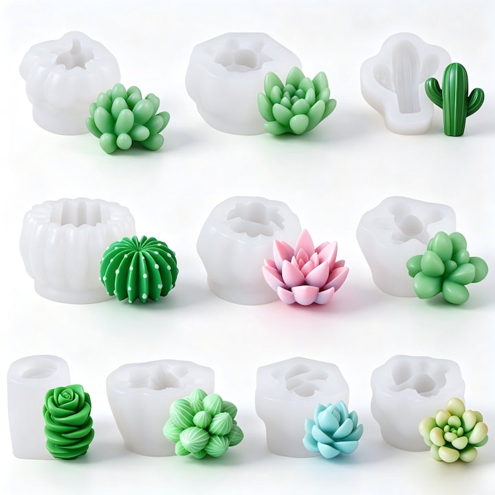 Set 10 Matrite de Silicon pentru Lumanari Model Plante Suculente 3D  Silicon Alimentar  Non-toxic  Usor de Demolat  Pentru Lumanari  Sapunuri  Rasina