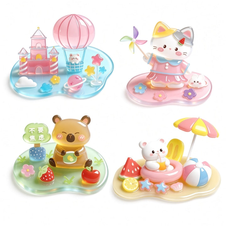 Set 4 Stickere 3D Relief PVC – Capibara  Parc Distractii  Pisicuta  Vacanta la Mare  Ornamente Stivuibile  Dezvolta Abilitatile Manuale  Pentru Copii