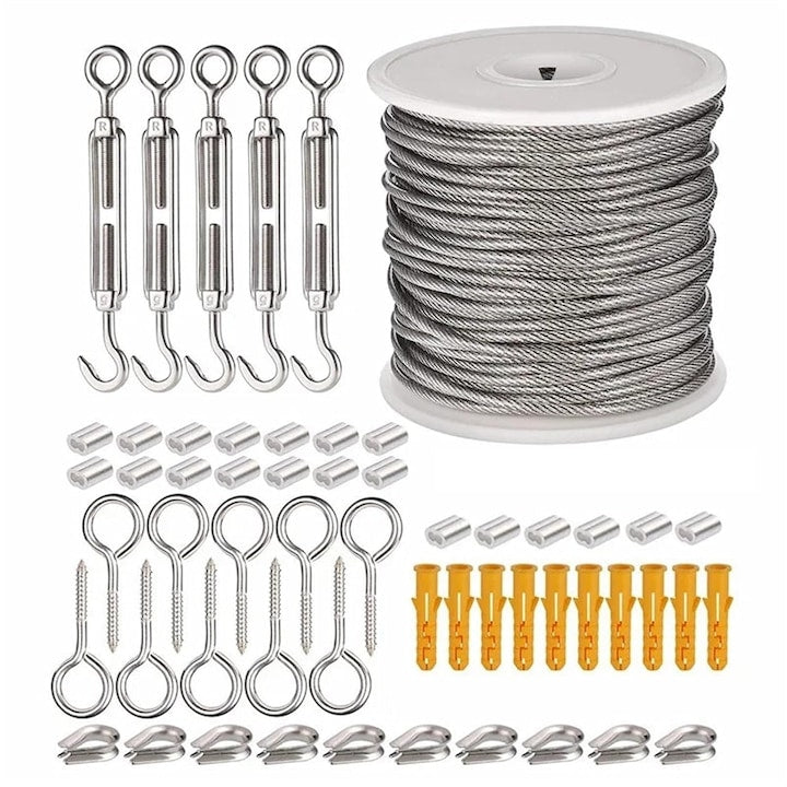 Set 56 bucati de cabluri de otel  Cablu electric flexibil cu sarma de otel acoperita cu PVC  pentru bucatarie de gradina in aer liber  sistem de sarma de tensiune pentru plante cataratoare  30 m