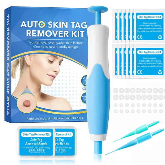 Dispozitiv Indepartare Papiloame prin Ligaturare  Skin Tag Removal Kit  pentru Fata  Gat  Corp  Dimensiuni 2-8mm  10x Servetele Alcool  40x Benzi cauciuc  2x Capete intersimbabile  Alb/Albastru