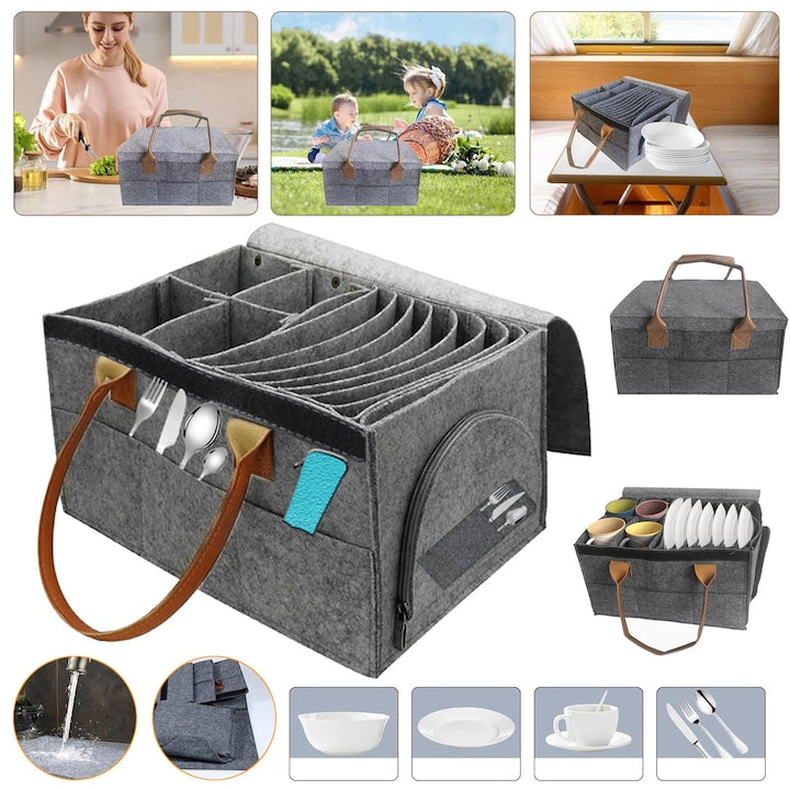 Felt Plate Storage Box for RVs, Plate Holders, Dish Carrying Bag, Utensil Storage Container with Detachable Divider, Lid, and Handles