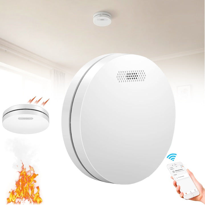 Wi-Fi Wireless Smoke Alarm Controlled via Internet/Phone Tuya / SmartLife Compatible Built-in Battery with 10 years of use Alarm LED Ultra-Slim Design Fireproof material White