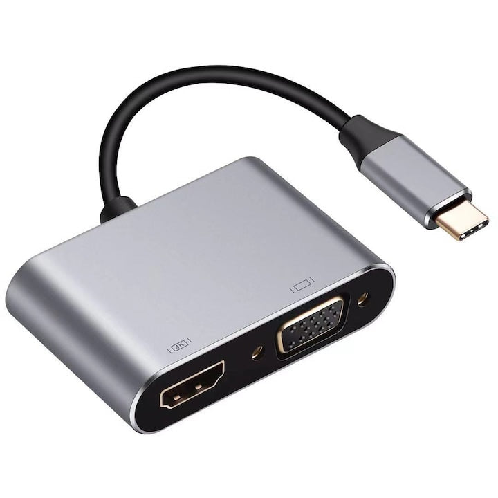 Adaptor  4 in 1 Plug & Play de la USB Type C la 1 x 100W USB Type-C Power Delivery  1 x HDMI 4K  1 x VGA FHD  1 x USB 3.0  Argintiu