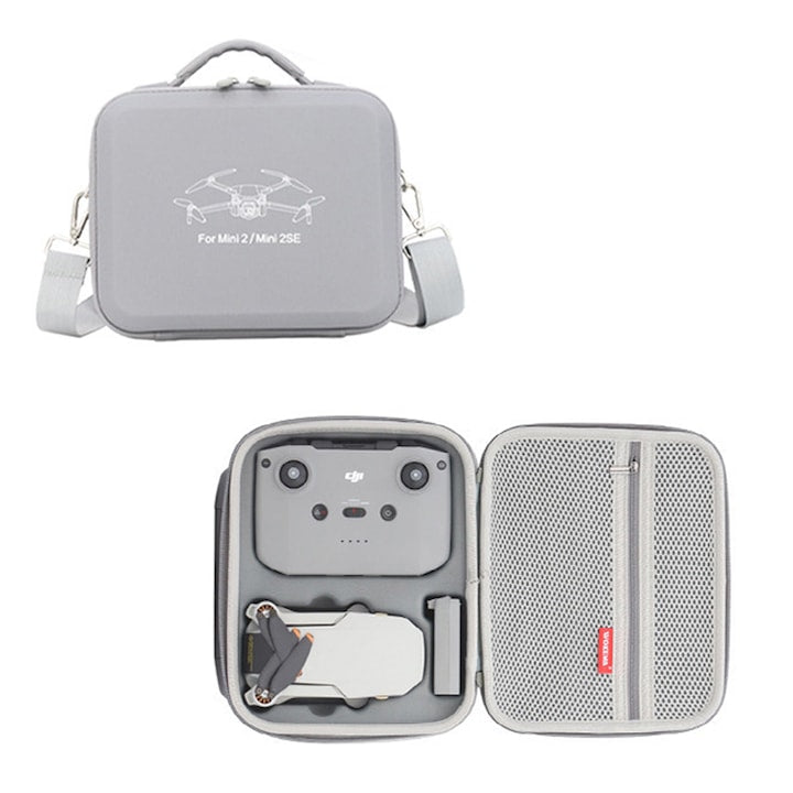 Geanta de transport compatibila cu DJI Mini 2/4K/Mini 2 SE  marca ZOUN  cu curea reglabila  rezistenta la socuri si presiune  impermeabila si rezistenta la cazaturi  din material PU  realizata pe masura  dimensiuni 24 x 9 x 19 5 cm  culoare gri
