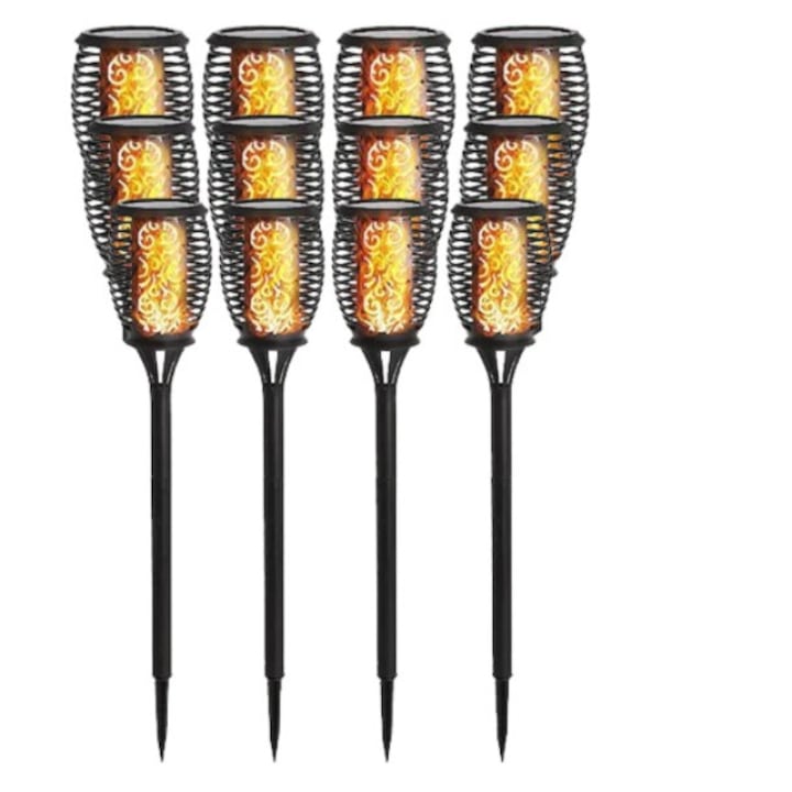 Set 12 Lampi solare design flacara pentru gradina  12 LED  7x51 cm  Negru