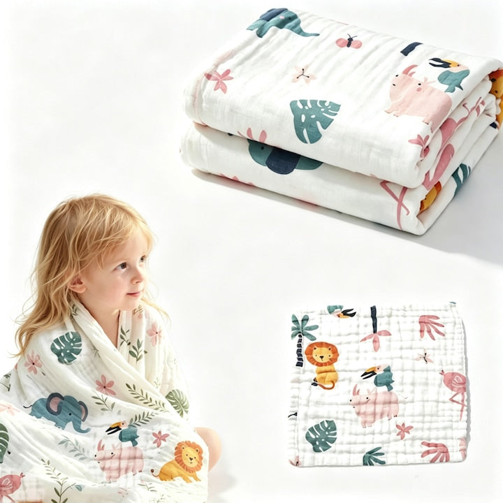 Set Paturica pentru Bebe  Muselina 6 Straturi  100% Bumbac Organic  110x110 cm + Format Mic  Moale si Absorbanta  Lavabile  Imprimeu Palmieri & Animale
