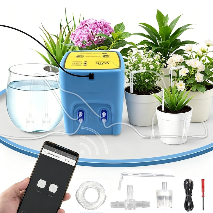 Sistem de Irigare Automat  SANSES  WIFI  pentru 20 Ghivece  Control Prin Aplicatie  Pompe Duble  2 Moduri de Temporizare  Incarcare USB  cu Furtun de 15 m  Albastru galben