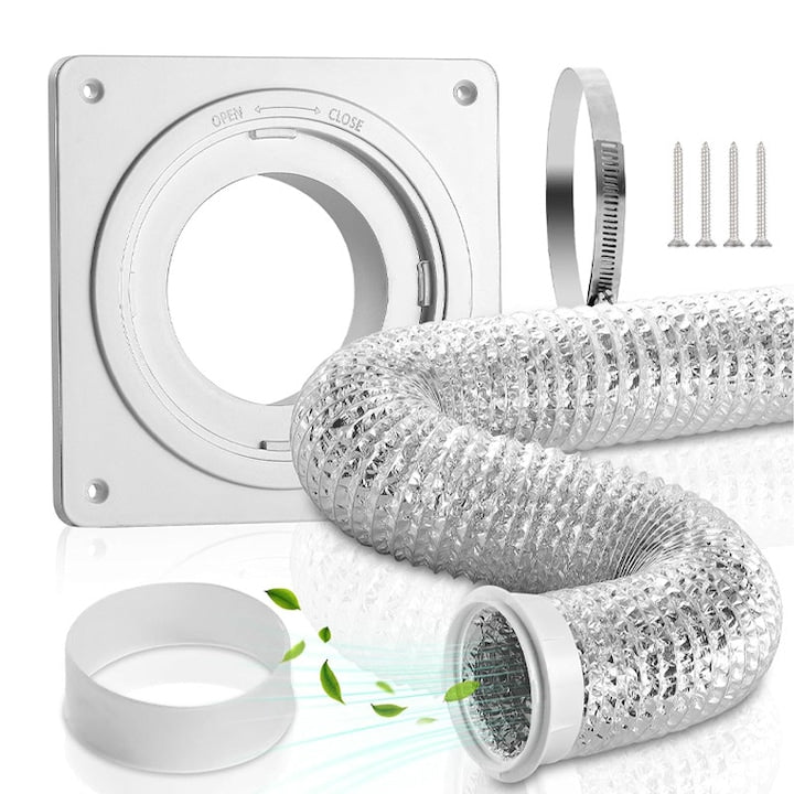 Kit Conector Furtun de Ventilatie cu Conectare si Deconectare  Omelivon  Acopera o Suprafata de 17.5cm x 17.5cm  Diametru Furtun 10cm  Lungime Telescopica 2.5cm  pentru Uscator  Masina de Spalat  Baie  Alb/Argintiu