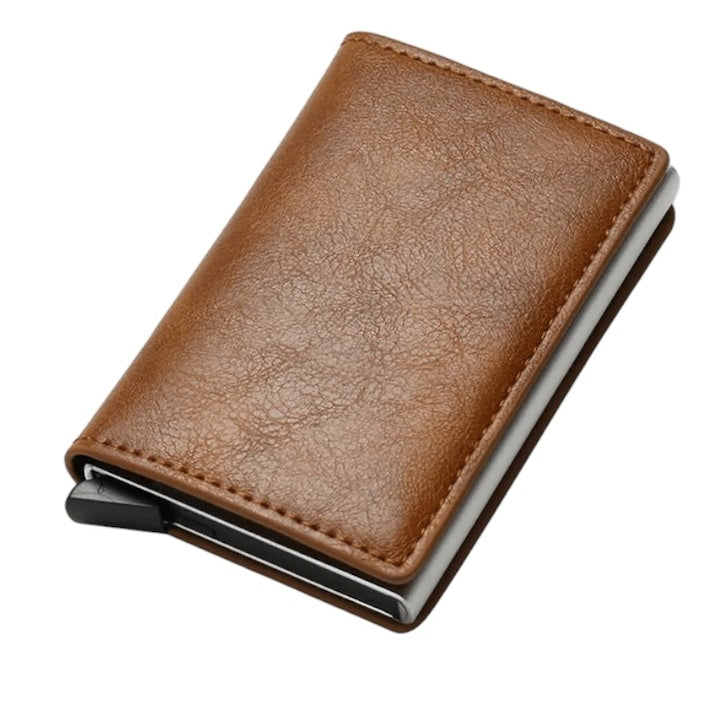 OEM - Portofel Premium pentru carduri  Trifold  din aliaj de aluminiu si piele PU  cu blocare RFID - Maro 12 rate cu 0% dobândă
