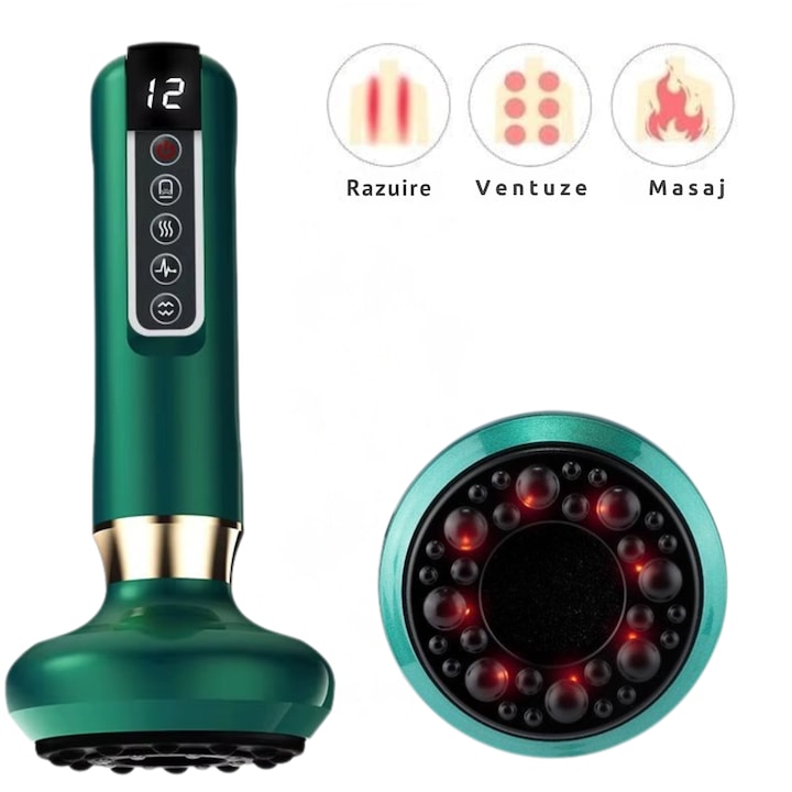 Aparat Masaj Profesional Corporal cu Ventuza si Razuire  Infrarosu  3 Moduri de Functionare  12 Niveluri Presiune si Caldura  Detox  Relaxare Musculara  Anti-Celulita  Curata Meridianele  Imbunatateste Circulatia  Analgezic  Ecologic  Antibacterian