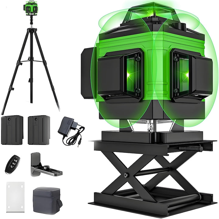 Nivela Laser 4D  SANSES  16 Linii  ± 3° Domeniu Lucru 30 m  Precizie Milimetrica  Autonivelare  2 x Baterie 2400mAh  cu Telecomanda  Negru  Verde