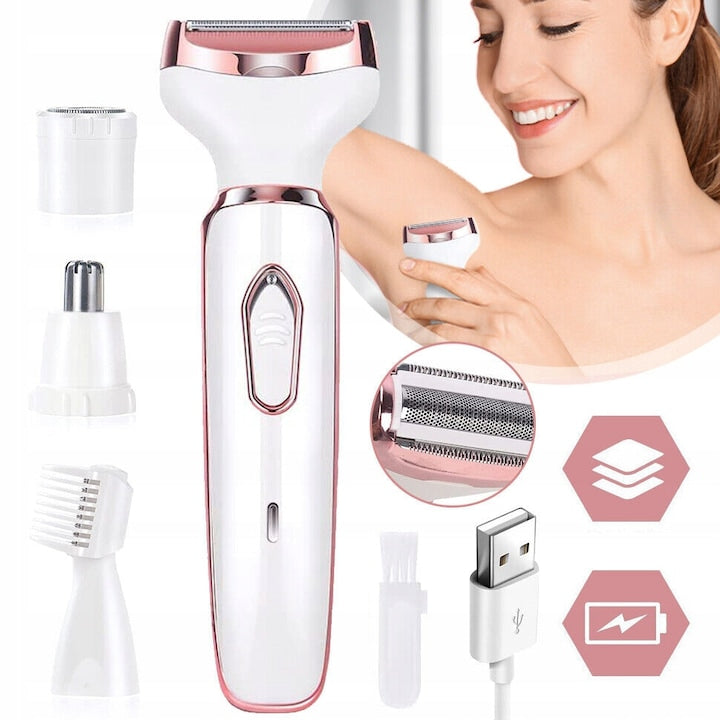 4-in-1 Electric Shaver Set for Women, White-Pink, Multifunctional, USB Charging, Wet & Dry Use