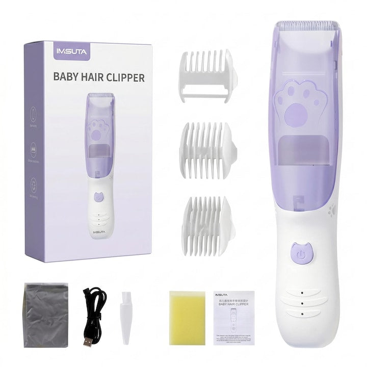 Aparat de Tuns pentru Copii si Bebelusi Silentios cu Auto-Aspirare Par  2 Motoare Puternice  Impermeabil IPX7  Incarcare USB  3 Capete  Autonomie 90 min  Lame Detasabile  Violet