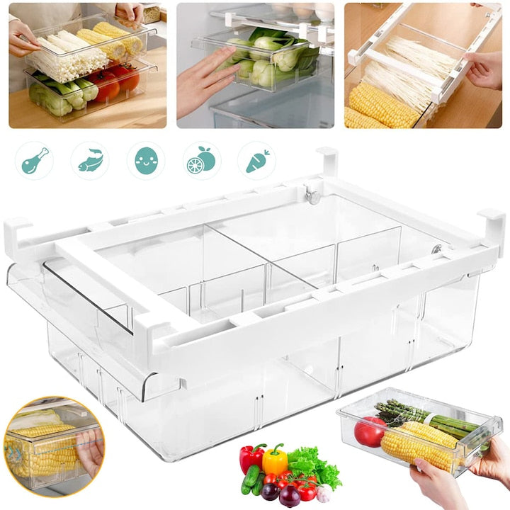 Transparent Refrigerator Organizer, Refrigerator Drawers with Adjustable Sliding Rail, Unique Freezer Shelf Holder with 2 Dividers, Retractable Storage Box