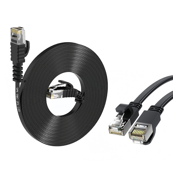 Cablu Ethernet CAT7 Flat  10m  10Gbps  Negru  8x7 din cupru fara oxid