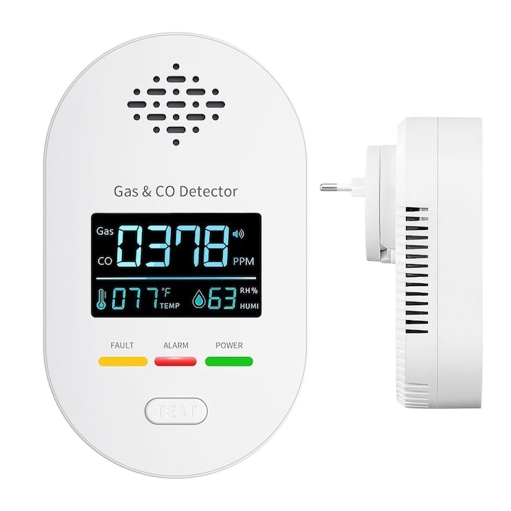 Detector de gaz inflamabil si monoxid de carbon 4 in 1  CH4  ecran LCD color  alarma sonora si luminoasa  temperatura si umiditate  Wireless  OUYLAF  Alb