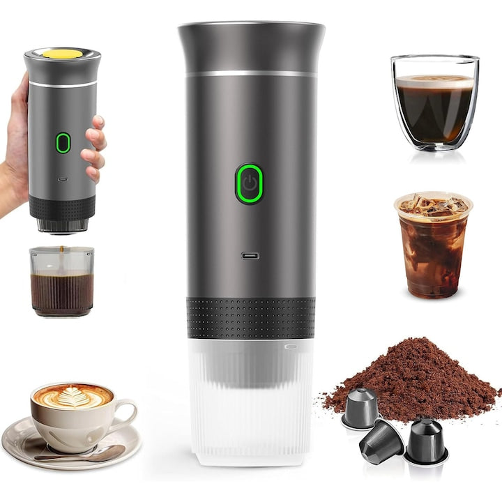 Espressor portabil 3 in 1 pentru cafea macinata si capsule  pompa de inalta presiune  mod incalzire apa si cafea rece  baterie 3 x 2500 mAh  incarcare USB-C  OUYLAF  Gri