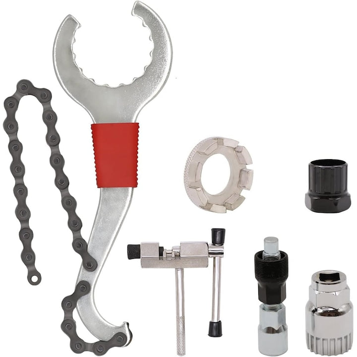 Set 6 scule bicicleta  pentru montare/demontare pinioane  presa lant  presa angrenaj  cheie pinionane  cheie monobloc  cheie spite  cheie pinoane cu lant din metal