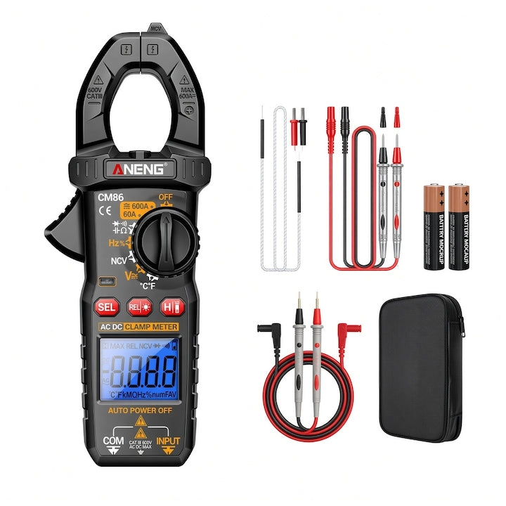 Clampmetru Multimetru Digital  CM-86  NCV  AC/DC 600 A  DC 600 V  AC 600 V  Afisaj TFT Color  Dimensiuni 18.5*6.08*3.4cm  194 grame  Vine cu cablu pentru temperatura  cabluri de masura  baterie  varf subtire si geanta de depozitare