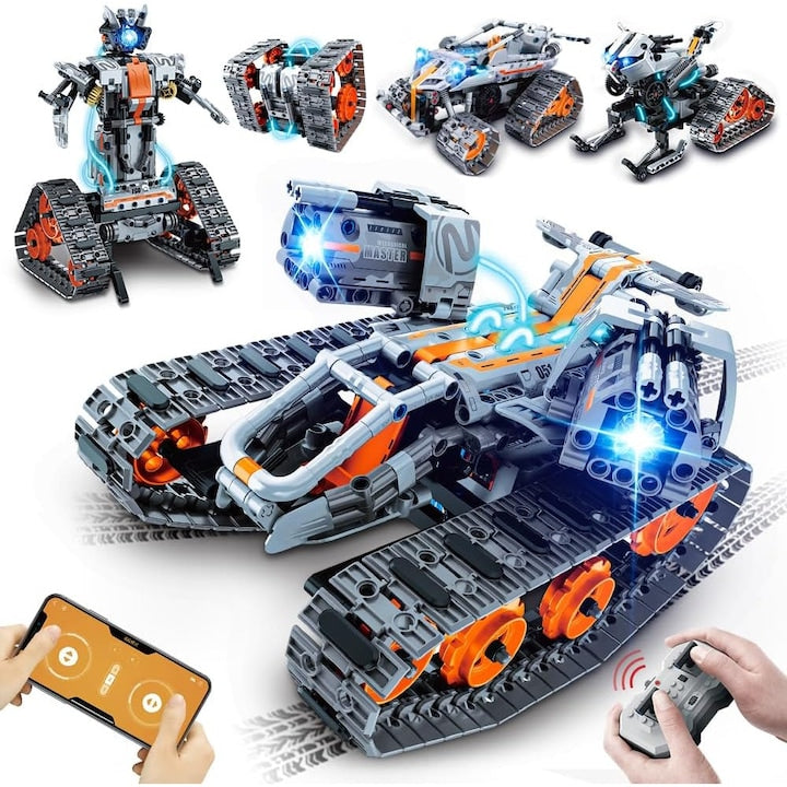 WALALLA Set Masinuta cu Telecomanda 5 in 1 (Gri  724 piese  potrivit pentru copii cu varsta de la 6 ani in sus) – Echipat cu lumini LED  accepta controlul prin telecomanda/aplicatie mobila si modul de programare STEM
