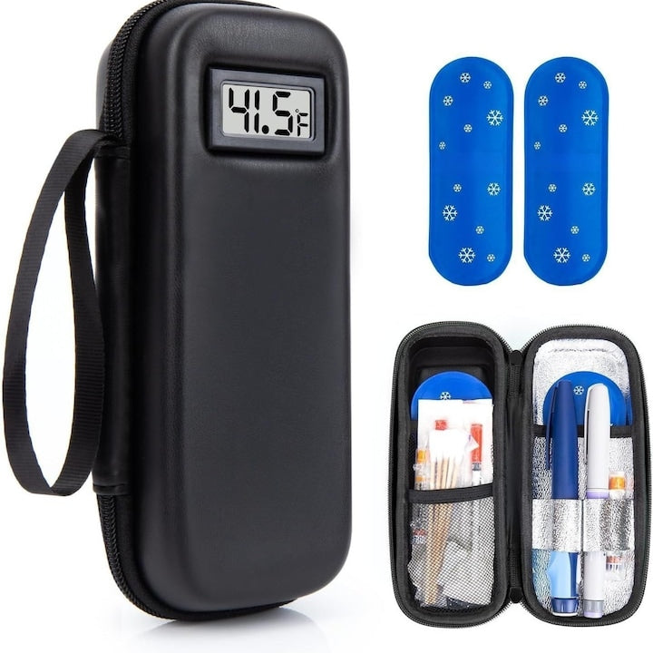 Insulin Cooler Bag 215 x 90 x 58 mm With temperature display 2 Ice packs Portable carry handle Triple insulation 6-8 hours freshness Large capacity For diabetics Black