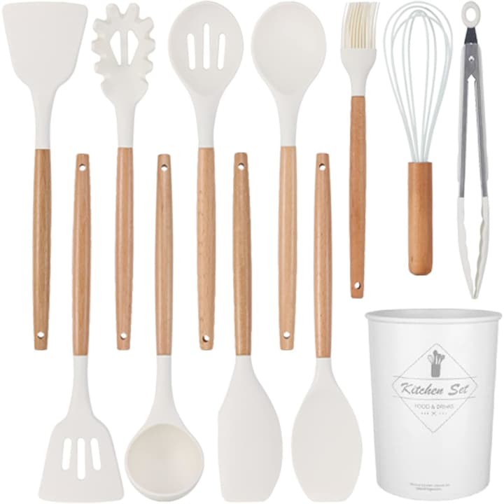 11-Piece Kitchen Utensil Set, Wood/Silicone, 1060g, Beech Handle, Non-stick, Heat-resistant, White